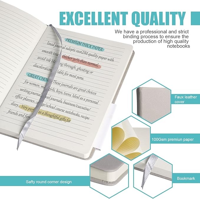 Lined Journal Notebook, 10Pack Hardcover Notebook for Men & Women – Journals for Writing, Work, School, Home & Daily Notes, 160 Pages – Medium A5, 5.7"x8", 100 gsm Thick Paper (Grey)