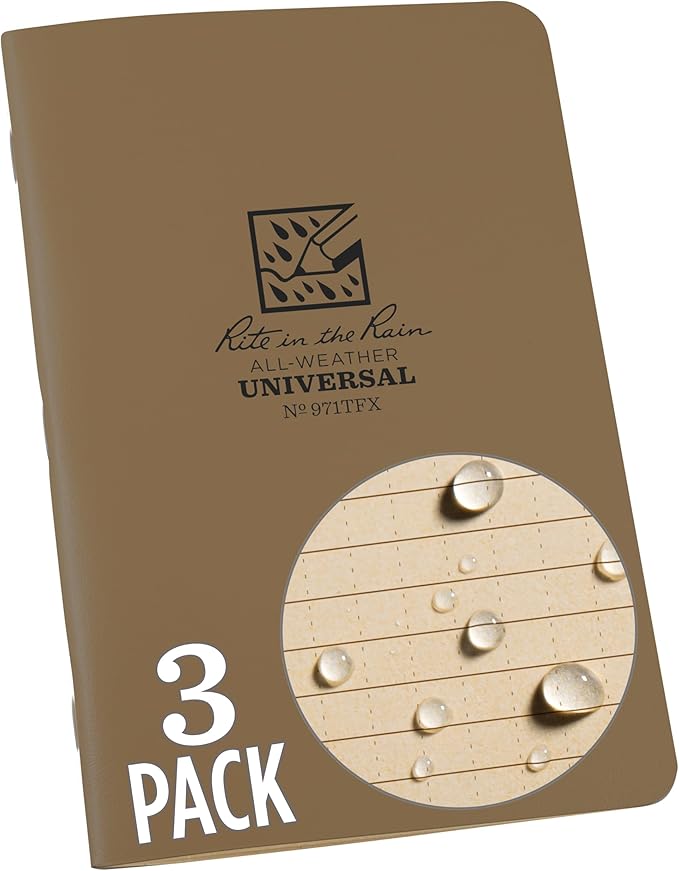 Rite in the Rain Weatherproof Stapled Notebook, 4.625" x 7", Tan Cover, Universal Pattern, 3 Pack (No. 971TFX)