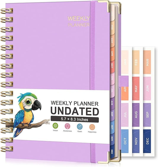 RETTACY Undated Planner, Weekly and Monthly, 53 Weeks and 12 Months, Medium Size (5.7" x 8.3"), 24 Self-adhesive Monthly Tabs, Hardcover, 100 GSM Thick Paper, Spiral-bound (Lilac)