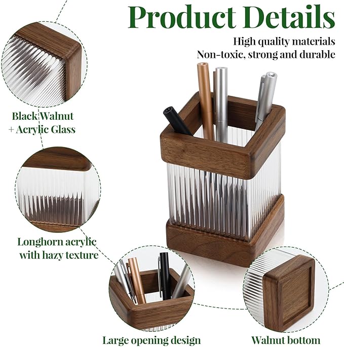 MultiBey Walnut Desk Organizer Set, Wooden Office Desktop Organization with Acrylic Pen Holder, Sticky Note Dispenser & Paper Clip Box, Elegant Walnut Desk Accessories for Home Office Gift