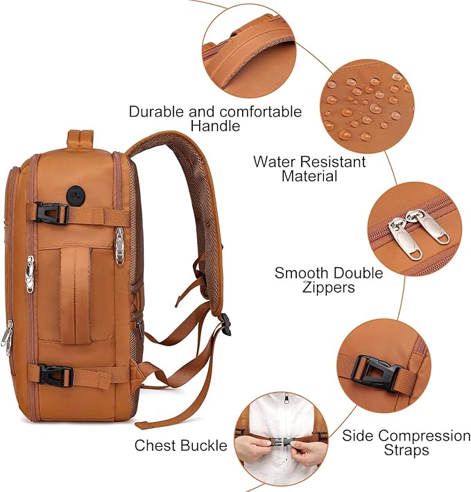 EZUOLA Carry On Backpack for Women,Travel Laptop Backpack Airline Approved,Underseat Personal Item Travel Bag With Shoe Compartment, Casual Daypack Gifts for Friend Weekend Business College,Brown