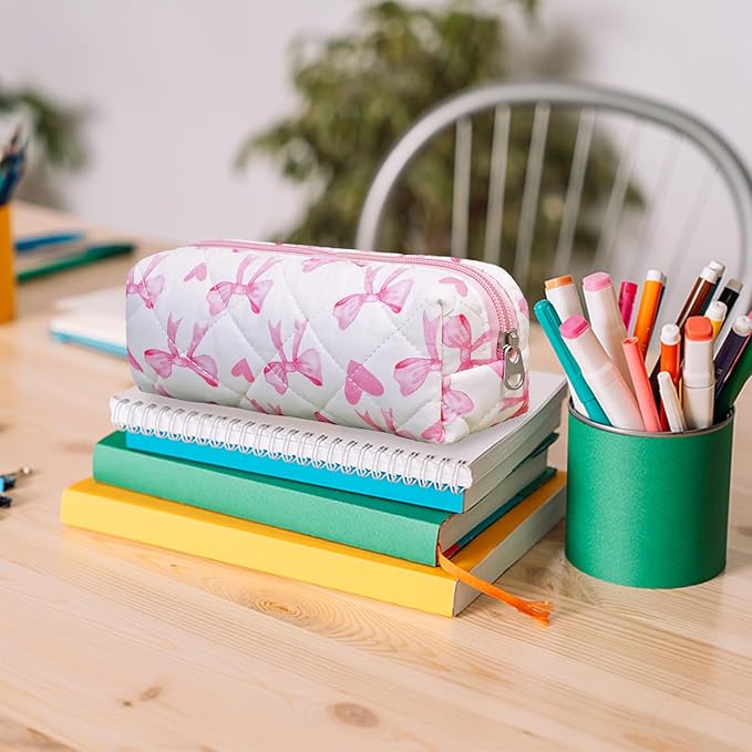Pencil Pouch Cute Pencil Case Office Storage Bag Holder Box Organizer Aesthetic Bow Flower Pattern Makeup Pouch Cosmetic Bag for Women Girls