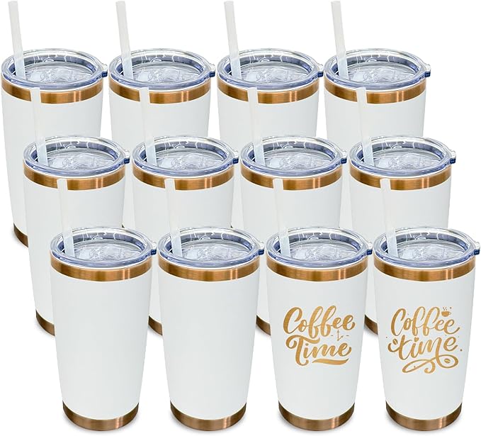 20 oz Tumbler Bulk 12 Pack Stainless Steel Tumbler with Lid and Straw, Double Wall Vacuum Insulated Travel Coffee Mug for Laser Engrave, Powder Coated Cup for Hot and Cold Drinks (White,12 pack)