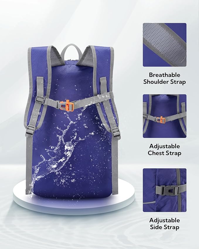 WATERFLY Hiking Packable Daypack Backpack: 25L Ultra Lightweight Day Pack for Women Men - Small Compact Folding Back Pack for Outdoor Sport Cycling Camping Travel Trip - Dark blue