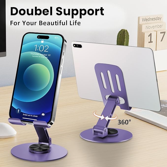 Universal Metal Cell Phone Stand, Multi-Angel Adjustable 360° Rotation Non-Slip Metal Phone Stand Compatible with iPhone 17 16 Pro Max and All Smartphones (Purple&Purple)