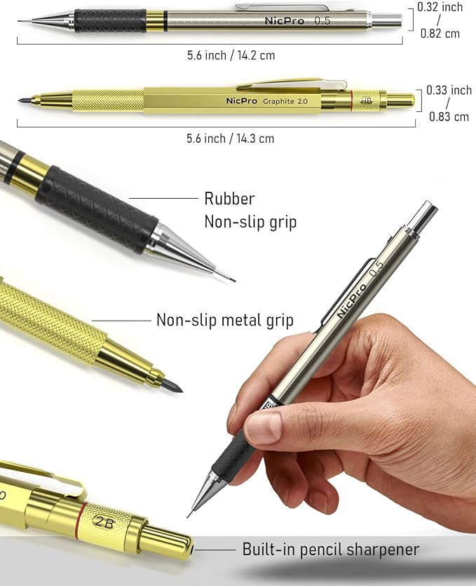 Nicpro 30PCS Art Mechanical Pencils Set in Leather Case-Gold | Metal Drafting Pencil 0.5/0.7/0.9/2mm Lead Pencil Holder for Sketching Drawing With 252 (6b 4B 2B HB 2H 4H Color) Lead Refill