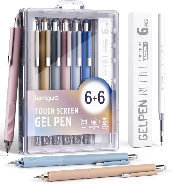 Gel Pens, 0.5mm Quick Dry Black Ink Pens Fine Point Smooth Writing Pens | 3-in-1 Stylus Retractable Gel Pen with Stylus tip, Cute Office School Supplies Gifts for Women Men (6 gel pens + 6 refills)