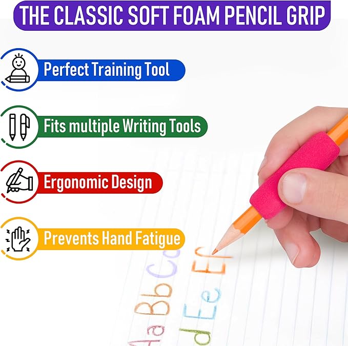 The Pencil Grip The Classics Soft Foam Pencil Grips, Ergonomic Writing Aid for Lefties and Righties, 1.5 Inch Long, Assorted Colors, 100 Pack - TPG-164100