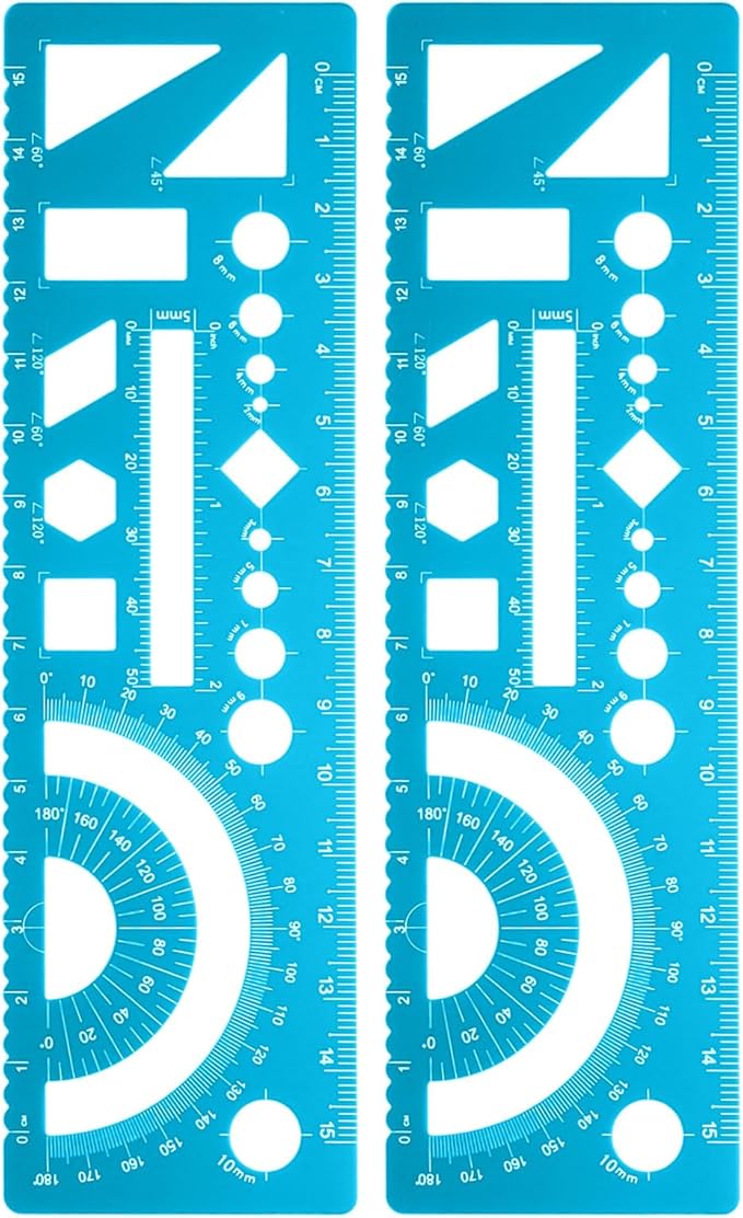 HARFINGTON 2pcs Multifunctional Geometric Rulers 15cm Metric and SAE Aluminum Straight Edge Protractor Angle Math Measuring Ruler Geometric Drawings Templates for Drawing Drafting, Blue