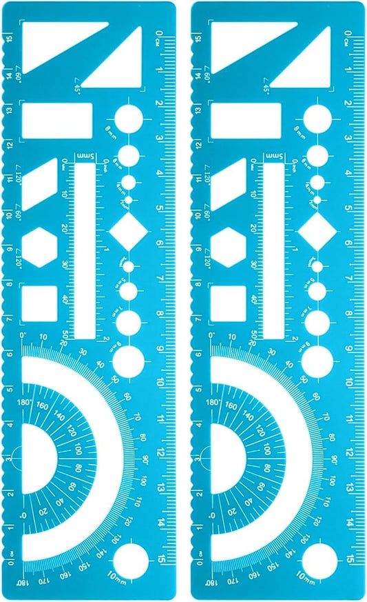 HARFINGTON 2pcs Multifunctional Geometric Rulers 15cm Metric and SAE Aluminum Straight Edge Protractor Angle Math Measuring Ruler Geometric Drawings Templates for Drawing Drafting, Blue