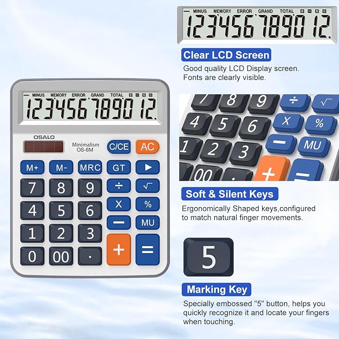 Desktop Calculator Large LCD Display 12 Digit Number Handheld Portable Pocket Basic Calculator with Big Soft Sensitive Button, Battery and Solar Powered, for Office Home School Use(OS-6M)
