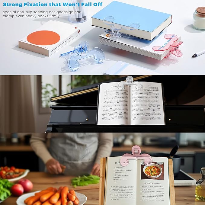 3 Pcs Book Page Holders for Reading, 12° Hands-Free Transparent Acrylic Book Tok for Reading or Fixing Piano Music Journal, Anti Slip Portable Bookmarks to Support(Blue, Pink, Transparent)