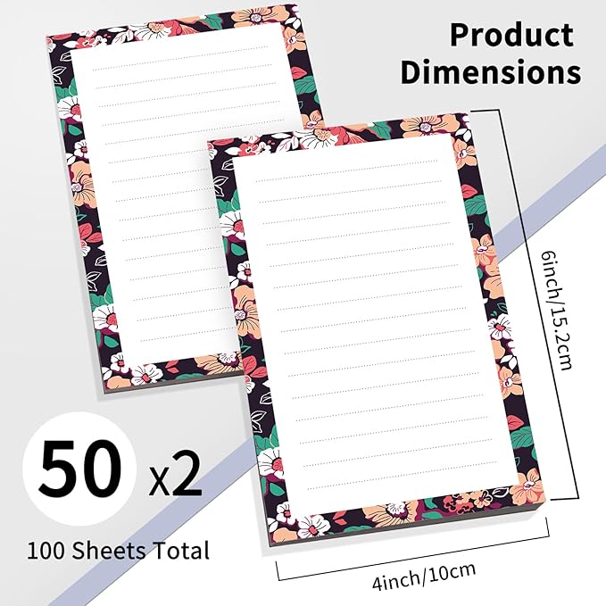 2 Pack Lined Sticky Notes 4x6 in, Cute Self-Stick Notepads with Lines, Large Memo Pads Strong Adhesive for Office, Home Boho Colorful Flowers