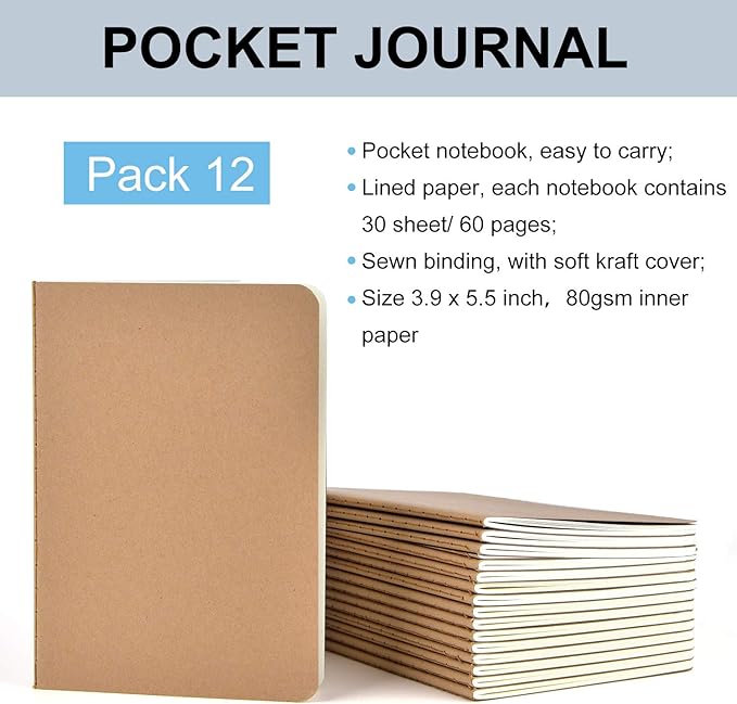 SAYAYA 12 Pack A6 Kraft Paper Small Notebooks Bulk, 4x6 Pocket Notebook with 60 Lined Pages, Mini Travel Journal, Sketchbook, Note, Memo Pads for Gifts, Students, Classroom, Business, Office Supplies