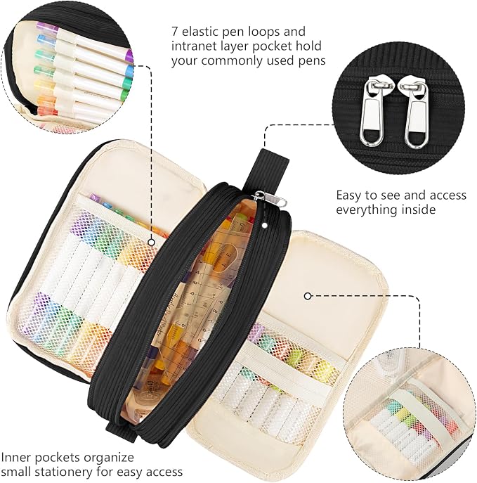 TESAFNG Corduroy Pencil Case, Large Capacity Pencil Pouch with 4 Compartments, Cute Soft Aesthetic Stationery Pen Bag Organizer with Zipper, Portable School Supplies for Teen and Adult Girls, Black
