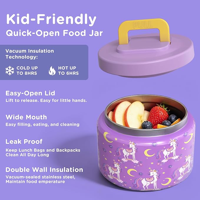 JXXM Bento Lunch Box for Kids With 8oz Soup thermo,Leak-proof Lunch Containers with 5 Compartment,thermo Food Jar and Lunch Bag, Food Containers for School (Purple Unicorn)