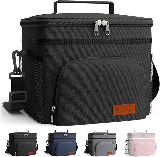 HOTOR Insulated Lunch Box Men Women Leak-Proof Cooler Lunch Bag 33L | 4 Pockets, Adjustable Strap, Ideal for Work, Picnic, Travel, Camping, Gift, Black