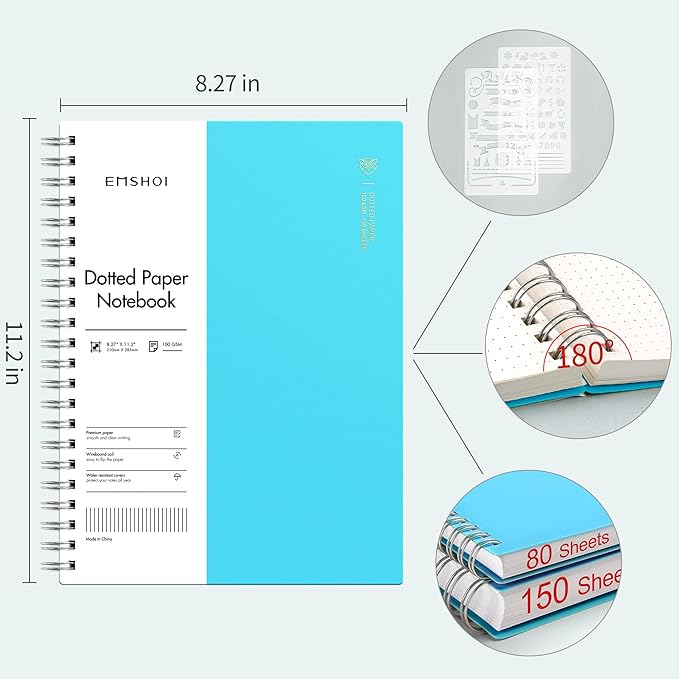 EMSHOI Dotted Journal Spiral Notebook, 300 Pages, A4 Large 8.27"x11.2", 100 GSM Thick Paper, Flexible Plastic Cover, 5mm Dot Grid Notebook for Journaling, Planning, Drawing, Writing, Blue