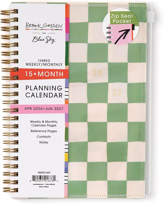 Blue Sky Brook Gossen 15 Month 2026-2027 Weekly and Monthly Academic Year Planner Calendar, April 2026 - June 2027, 5" x 8", Flexible Cover With Zip Pouch, Wirebound, Laminated Tabs, Storage Pocket, Green Check