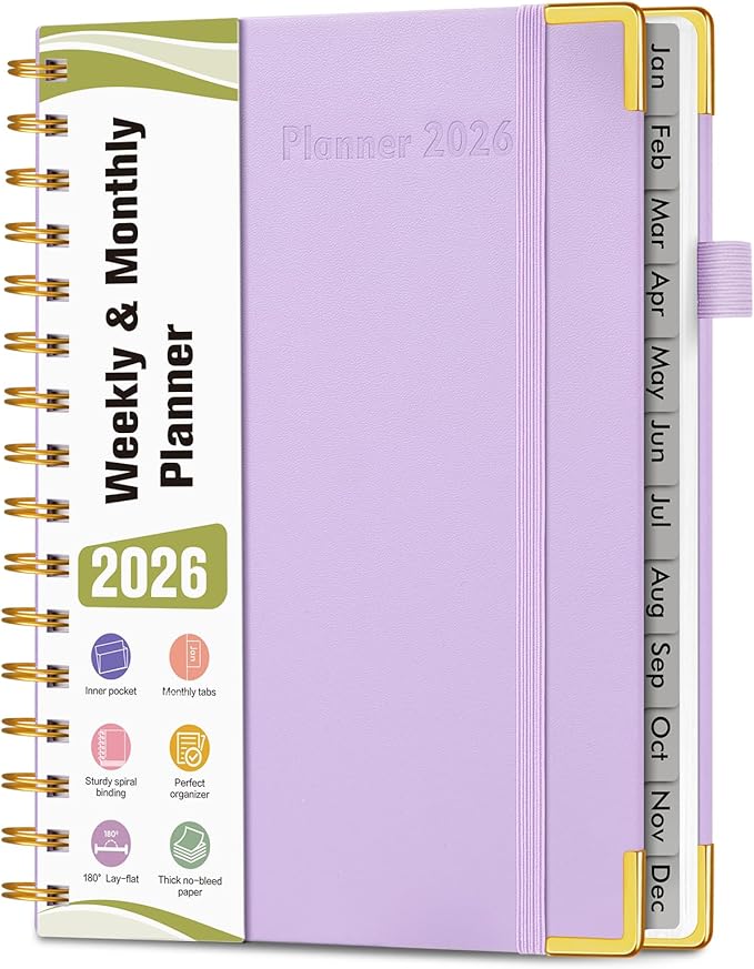 2026 Planner, Hardcover Leather Weekly and Monthly Planner, January 2026 - December 2026, Spiral Yearly Agenda Organizer Book 2026 with Tabs, Daily Calendar Planners for School Work Home, A5 (5.75" x 8.38"), Purple