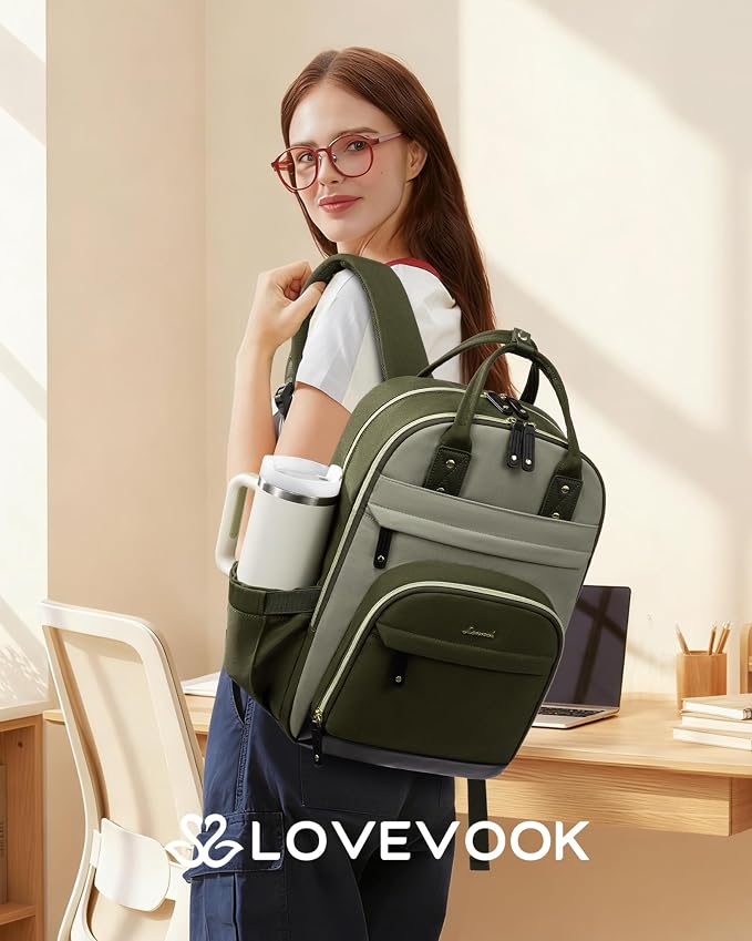 LOVEVOOK Laptop Backpack Women with Giant Cup Holder,18.4 inch Work Travel Backpack Computer Laptop Bag,Cute College Nurse Teacher Backpack Purse,Gift for Women & Men,Olive green-Bean green-Kelp green