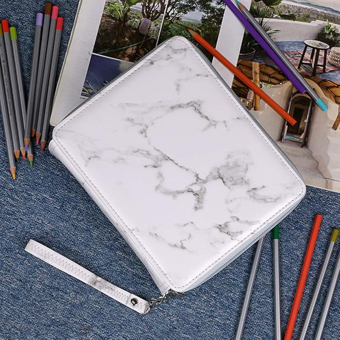 BTSKY Deluxe PU Leather Pencil Case For Colored Pencils - 120 Slot Pencil Holder with Handle Strap Handy Colored Pencil Box Large(White Marble)