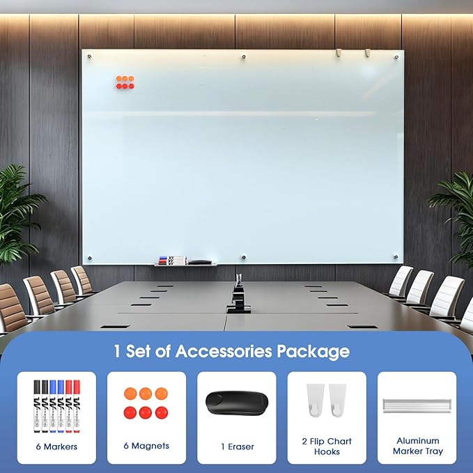 MaxGear Glass Whiteboard 72 x 48 Inch, Large Tempered Glass Dry Erase Board 6 x 4 ft, Frameless Wall Mounted Magnetic Whiteboard for Office, Conference Room, Classroom, Team Collaboration