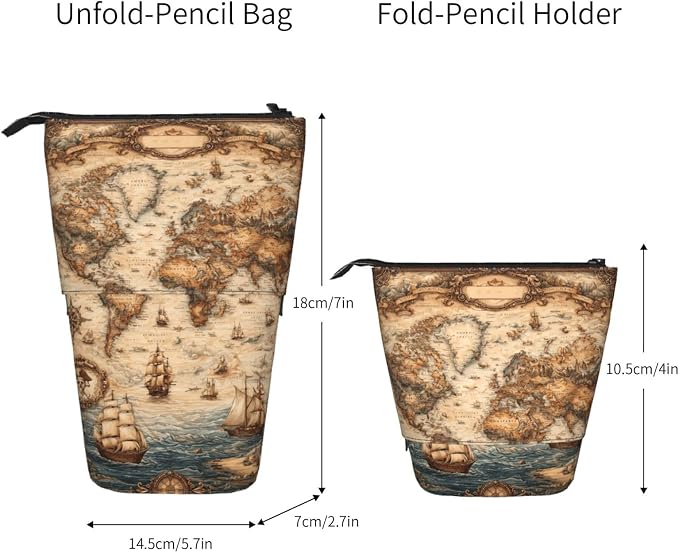 Retro Map Standing Pencil Case Cute Telescopic Stationary Pouch with Zipper Large Capacity Stand up Pen Bag Portable Makeup Holder for School Office Supplies