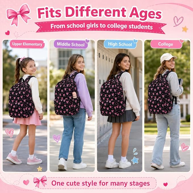 LOIDOU Backpack for Girls School Backpacks Bookbags for Elementary Middle School Women Laptop Backpacks (Bow Tie Black, L-17)