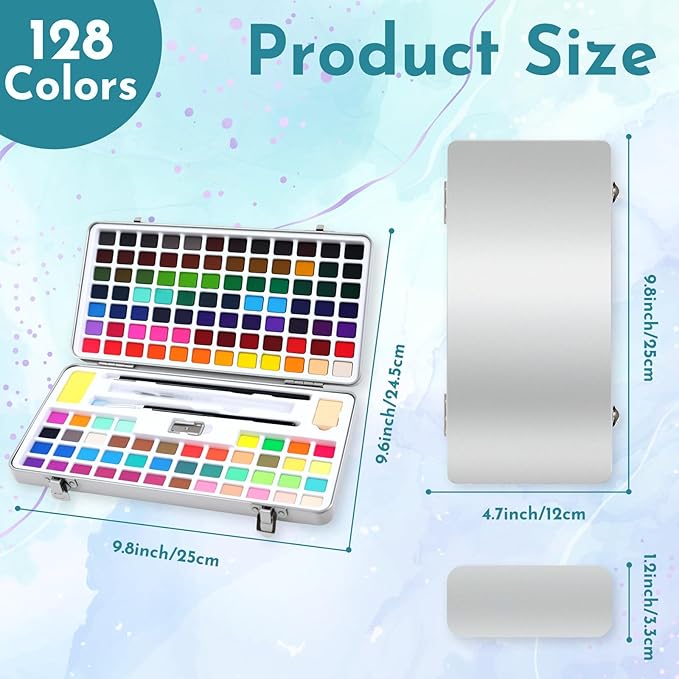 128 Colors Watercolor Paint Set, Including 84 Regular, 36 Metallic, and 8 Fluorescent Colors，Travel Watercolor Set with Brush and Drawing Pencil, Water Color Paint Sets for Adults Artists Beginners