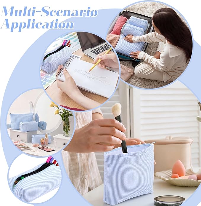 Huhumy 3 Pcs Makeup Bag Set Cute Stripe Cosmetic Pouch for Women Aesthetic Seersucker Travel Toiletry Bag Set Preppy Small Makeup Purse Pouch Cosmetic Organizer Pencil Case with Zipper(Blue)