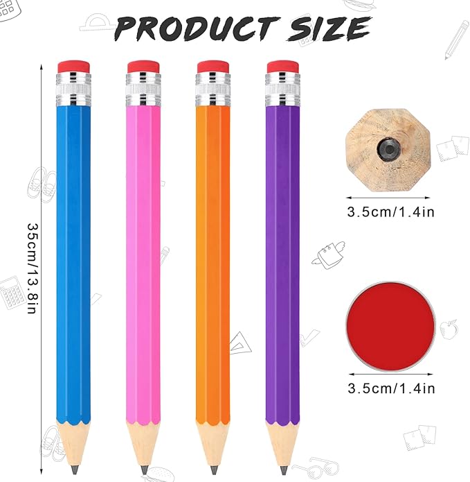 Gersoniel 4 Pack 14 Inch Wooden Jumbo Pencils Big Giant Large Huge Wood Pencil Prop with Eraser Novelty Funny Pens Gag Gifts for Office Classroom School Favors Supplies(Pink, Blue, Yellow, Purple)