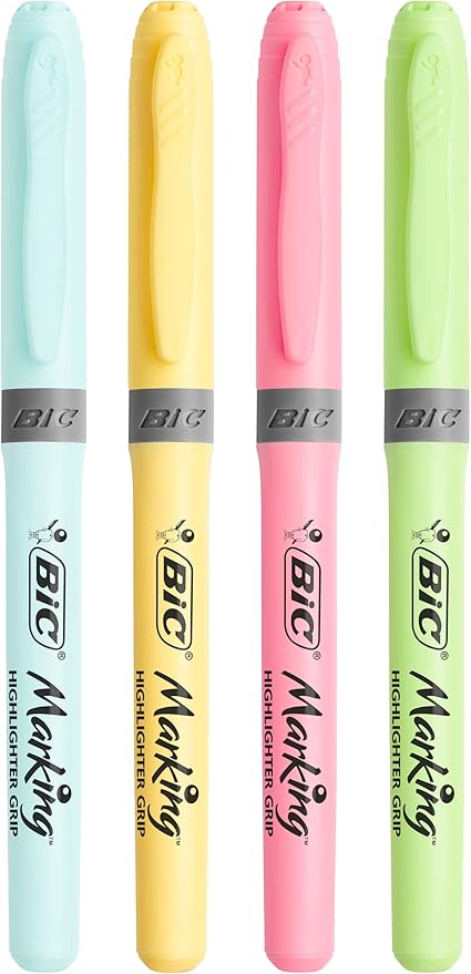 BIC Highlighter Grip Pastel, Highlighter Pens with Adjustable Chisel Tip, Rubber Grip for Extra Comfort, Assorted Colours, Pack of 6