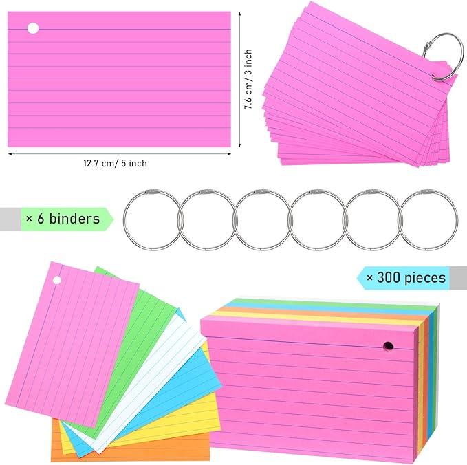 Leelosp 300 Pcs Colored Ruled Index Cards with 6 Rings 180 Gsm Thick Neon Color Study Flash Cards Single Hole Punched Lined Flashcards Studying Notecards One Side for Study(3 x 5 in,Fresh Color)