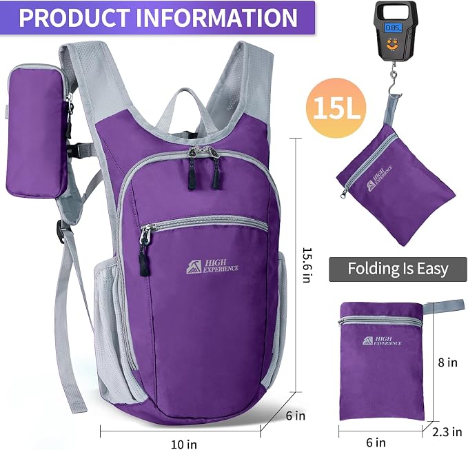 Small Hiking Backpack Packable Lightweight for Women Men | 10L/15L, Hiking Daypack, Foldable, Water Resistan, Ultralight, with Phone Pocket, Travel, Outdoor, Walking