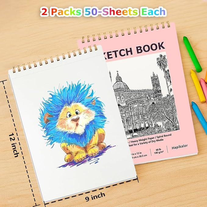 9" x 12" Sketch Book, 2-Pack 50 Sheets Spiral Bound Art Sketchbook, Acid Free Artist Drawing Book Paper, Art Supplies for Kids, Craft Activities, Sketch Paper for Drawing Coloring Sketching(Pink)
