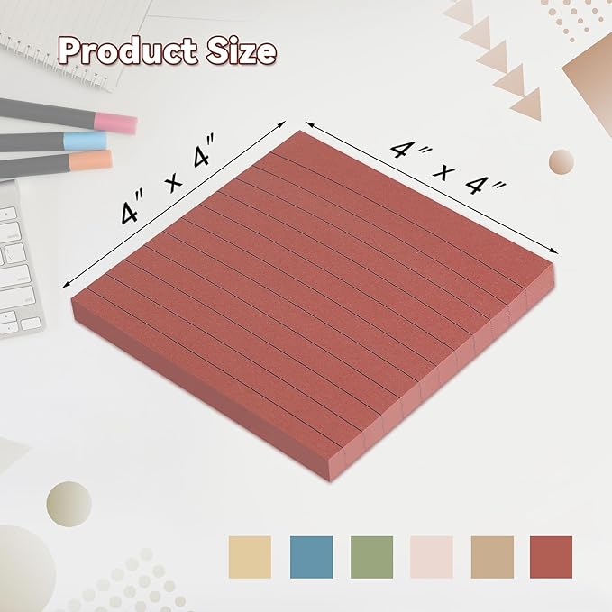 (12 Pack) Lined Sticky Notes 4x4 in, 6 Vintage Colors Self-Stick Note Pads