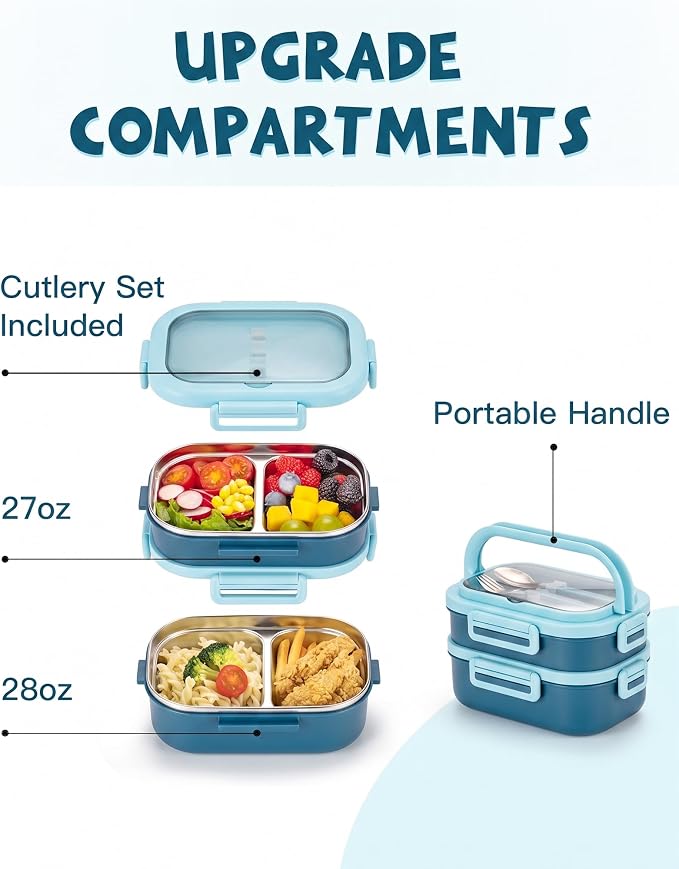 Lille Home Stackable Stainless Steel Bento Lunch Box + Insert Cutlery, 56oz | 2 Tier Leakproof Metal Lunch Boxes, 4-Compartment Food Containers for Work, Picnic, Meal Prep & Portion Control (Blue)