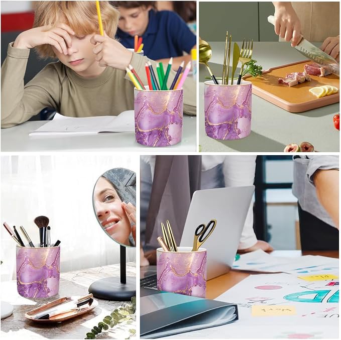 Pen Holder for Desk, Cute Ceramic Pencil Holder, Pen Cup Marker Holder Makeup Brush Holders, Desk Accessories & Workspace Organizers for Home, Office, Purple Marble