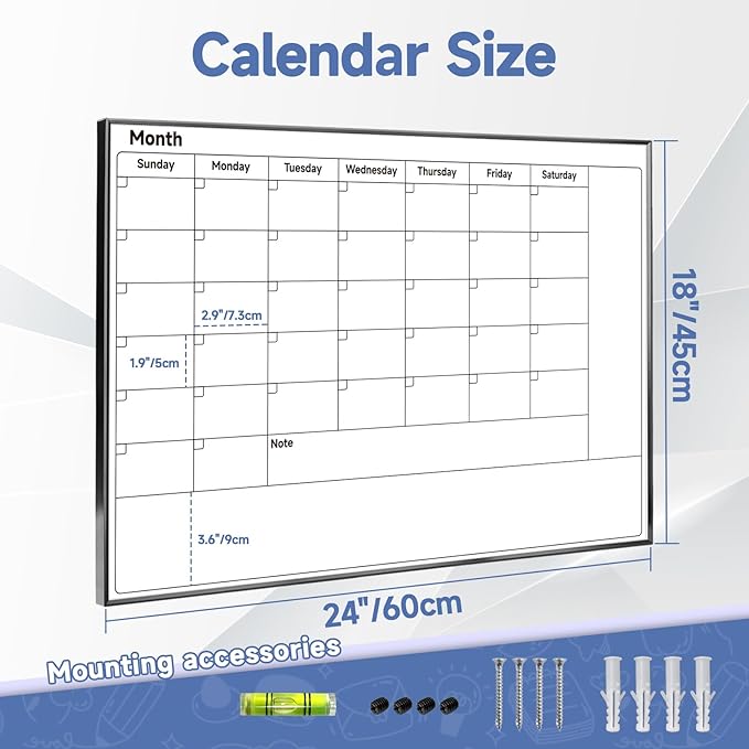 Whiteboard Calendar for Wall Hanging, 24" x 18" Magnetic Dry Erase Calendar Board with Black Aluminum Frame, Wall Mounted Large Monthly Planner Reminder for Office Home School