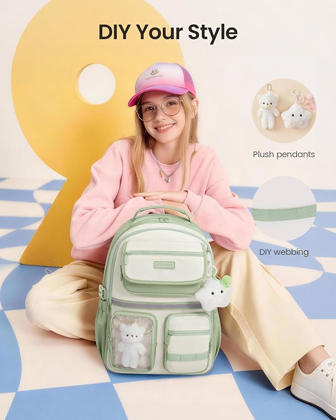 LOVEVOOK School Backpack for Girls, Cute Bookbag for Teen 8-16, DIY Friendly 15.6" Laptop Backpack for Middle High College Student Back to School, Bag with Water Bottle Pocket for Travel,Green