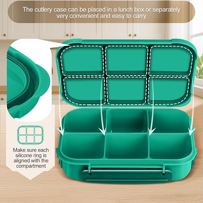 Amathley Lunch Box Kids Girls Boys,Bento Box Adult,Toddler Lunch Containers for School,Leakproof Snack Containers with 6 Compartments,Sauce Container,10 Food Picks and 4 Muffin Cups (Green)
