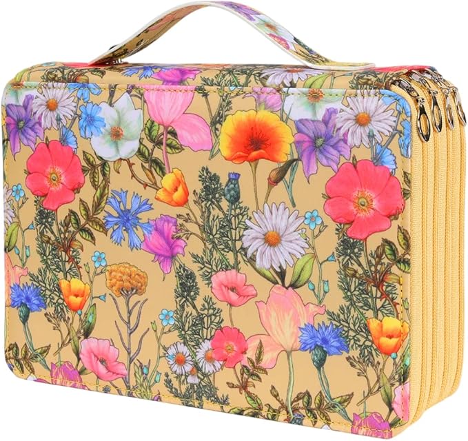 Vomgomfom 200 Slots Pencil Bag, 4-Layer Zipper Portable Art Supply Organizer, PU Leather Large Capacity Colored Pencil Case with Handle for 200 Watercolor Pens, Gel Pens (Yellow Flower)