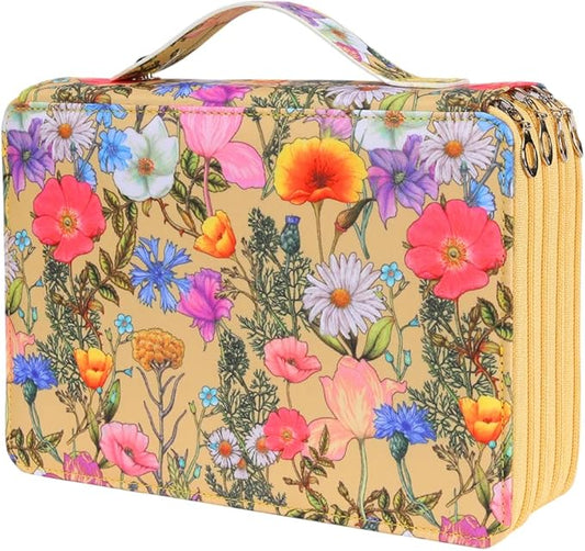 Vomgomfom 200 Slots Pencil Bag, 4-Layer Zipper Portable Art Supply Organizer, PU Leather Large Capacity Colored Pencil Case with Handle for 200 Watercolor Pens, Gel Pens (Yellow Flower)