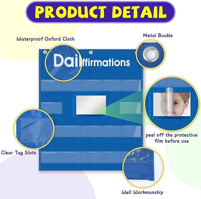 Daily Affirmations Pocket Chart with Mirror for Kids Classroom Teacher Teaching Supplies Calm Down Corner with Behavior Support Cards for School Activities