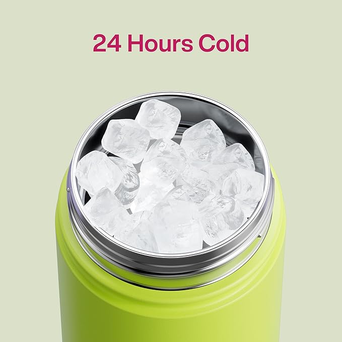 Kids Insulated Water Bottle with Straw - 12oz Stainless Steel Water Bottle with Dual Spouts, Leak-Proof, BPA-Free, Double Wall Vacuum Keeps Cold for 24 Hours for Sports, Travel, School (Acid Green)