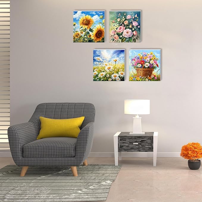 RoundFunny 8 Set Paint by Numbers Kit for Adults with 8x8 Inch Mini Simple Painting Canvas Wooden Frame Easel Acrylic Paints Brushes Funny Numbers Drawing Kit for Gift Home Wall Decor(Vibrant Blooms)
