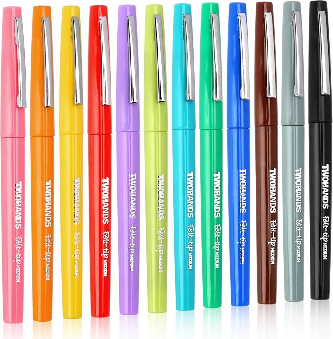 TWOHANDS Felt Tip Pens, Assorted Colors, 0.7mm, 12-pack