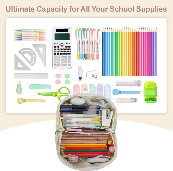 Large Pencil Pouch for Teen Girls, 8 Compartments, Cream White | Large capacity pencil case, wide-opening organizer fits calculators, markers, pens; for middle school, high school, college