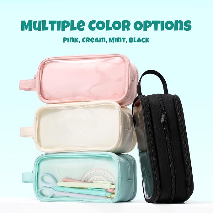 SUNEE Large Capacity Pencil Case with 3 Compartment, Extra Big Pencil Pouch, Pencil Bag with Clear Window, Pen Case School Supplies for Teens Adults Girls Boys, Mint Green